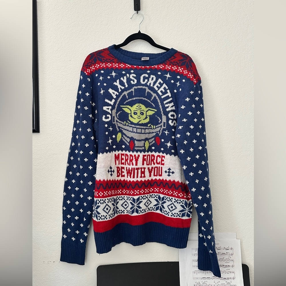 STAR WARS BABY YODA GROGU UGLY CHRISTMAS SWEATER MANDALORIAN MENS L 42-44